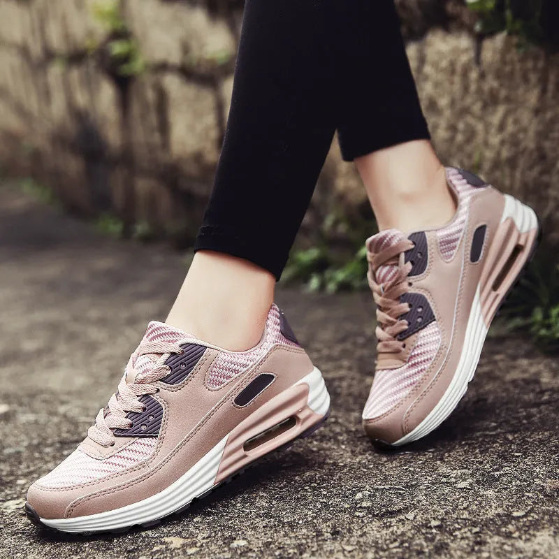 Women's casual low-heel shoes in beige orange, grey, and pink purple, showing a sizing chart.