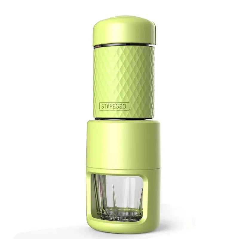 Portable manual espresso coffee machine in stainless steel, 7x7x20.3 cm, available in multiple colours