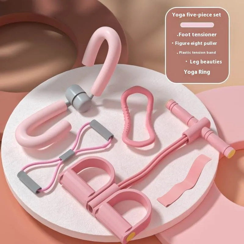 Yoga four-piece fitness set with leg stretching device, yoga ring, pedal tensioner, and figure eight tension rope