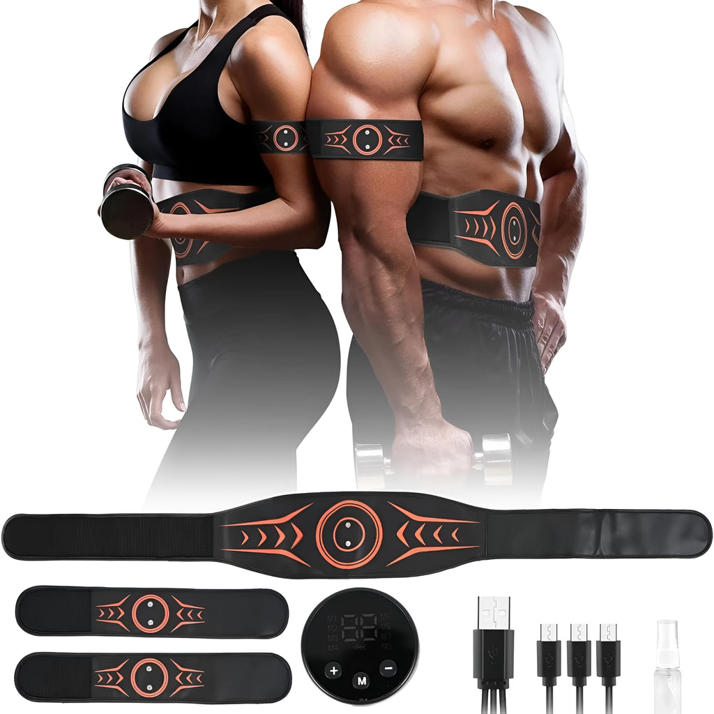 EMS massage belt with abdominal stickers, rechargeable host, and timing function for lazy muscle strengthening