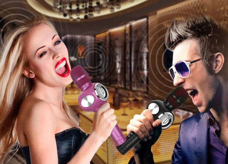 Yaerjia E108 handheld karaoke microphone in black, gold, or pink colour with built-in speakers.