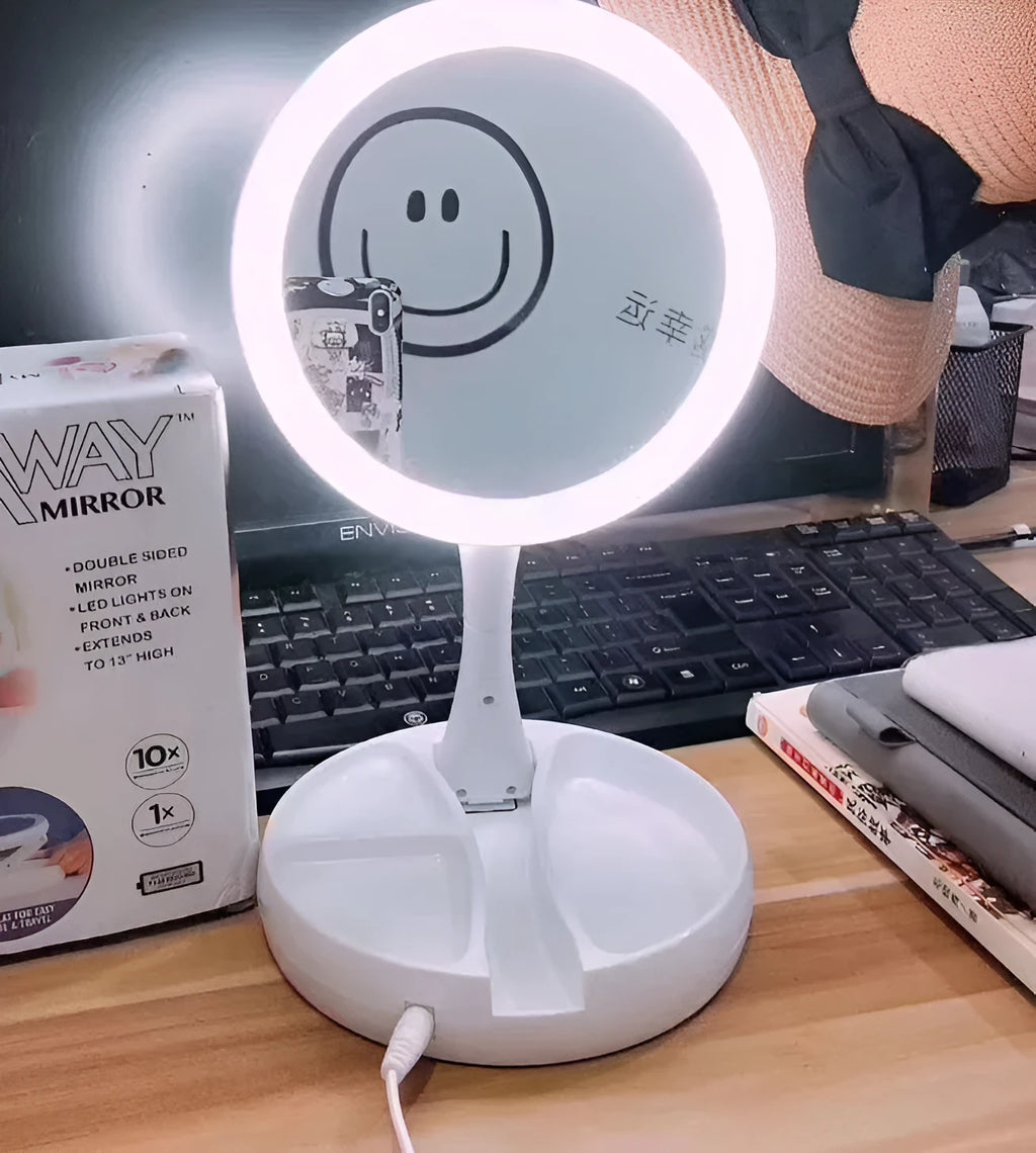 White foldable acrylic double-sided LED vanity mirror with USB charging port