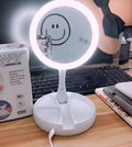 White foldable acrylic double-sided LED vanity mirror with USB charging port