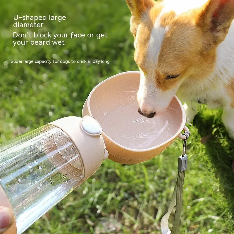 Portable dog water bottle with attached bowl in yellow, pink and brown colour options