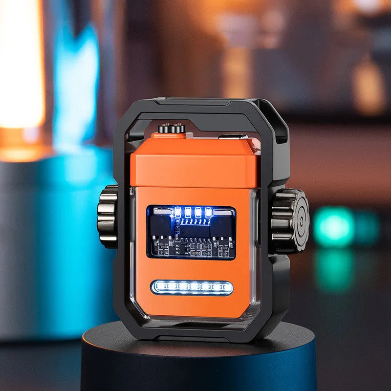 Blue Pulse double arc windproof electric lighter with mechanical gyroscope and USB Type-C charging port.