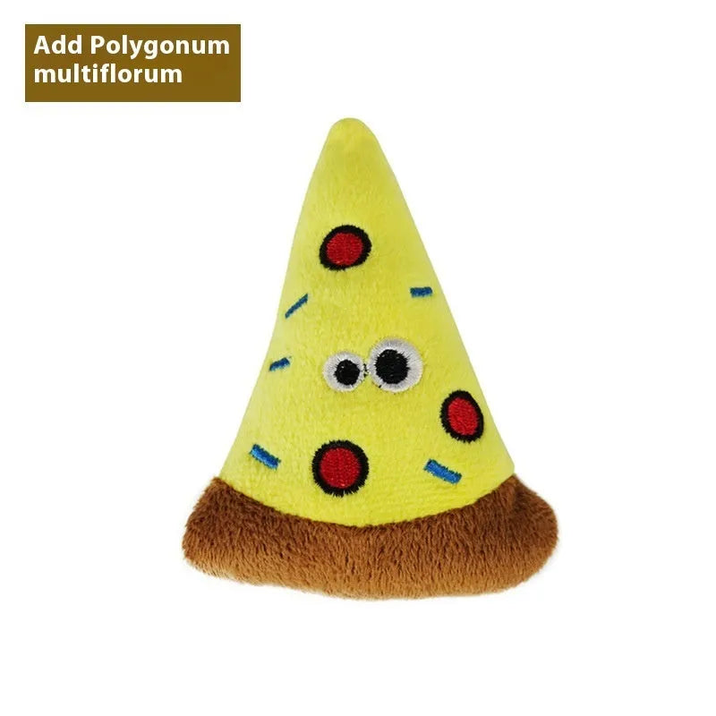 Set of six plush cat pillow toys shaped like a burrito, pineapple, pizza, cone, cucumber, and mushroom.