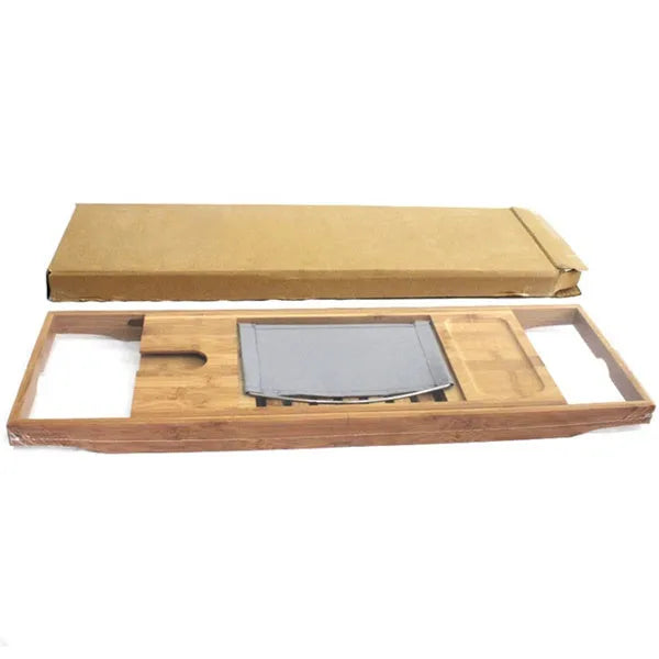Bamboo bathtub storage frame with single-tier shelving for bathroom organisation