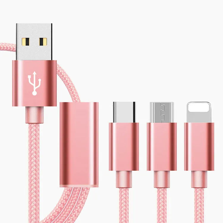 Three-in-one mobile phone charging cable with Micro USB interface in multiple colour options