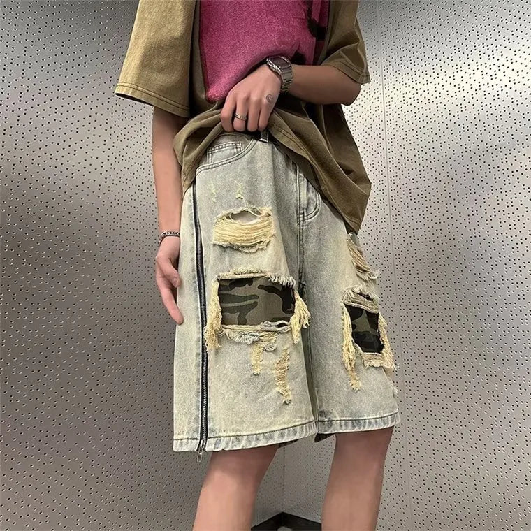 Men's yellow mud colour ripped camouflage denim shorts with straight leg Korean styling