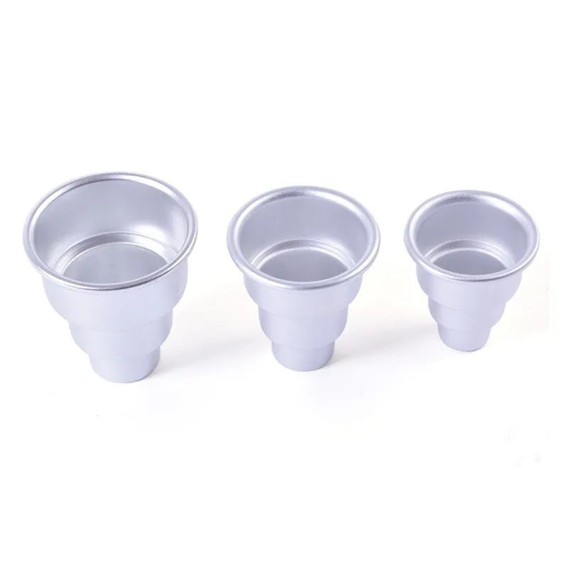 Three aluminium alloy cake moulds in silver finish showing large, medium and small sizes for baking