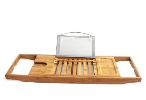 Bamboo bathtub storage frame with single-tier shelving for bathroom organisation