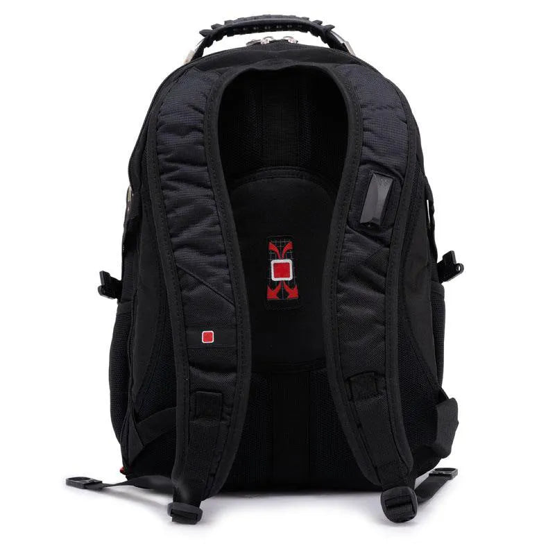 Black business computer backpack showing three compartments and laptop storage for 12-15 inch devices