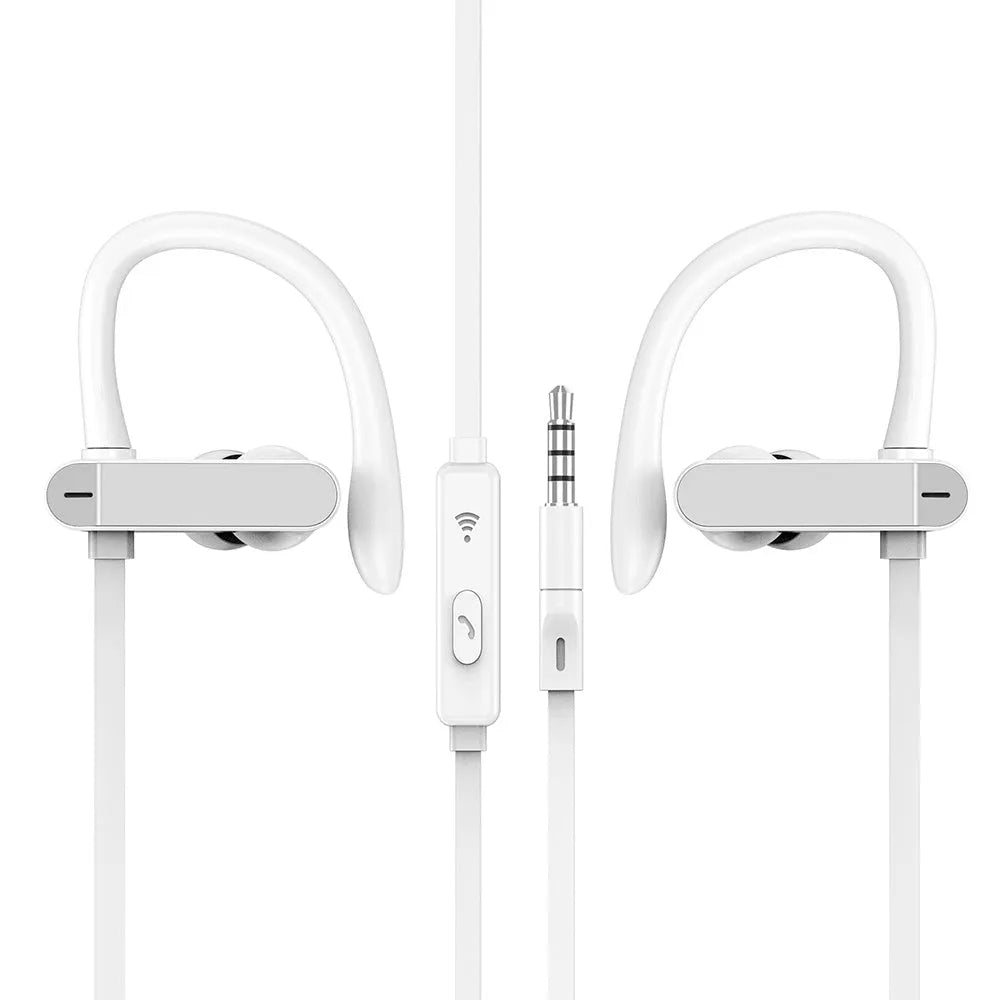PTM TS27 compatible sport running earphones with black ear hook and silicone earbuds, showing microphone on cable