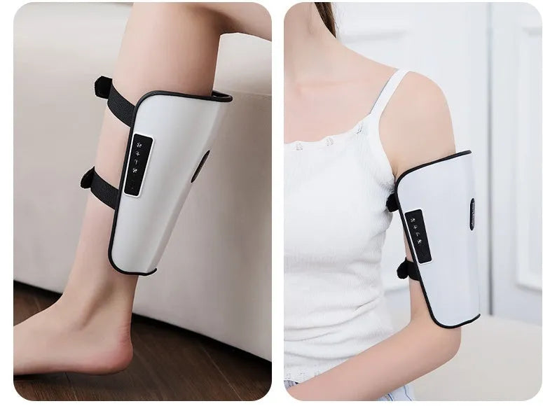 White plastic leg calf massager with electrotherapy pulse and infrared functions.