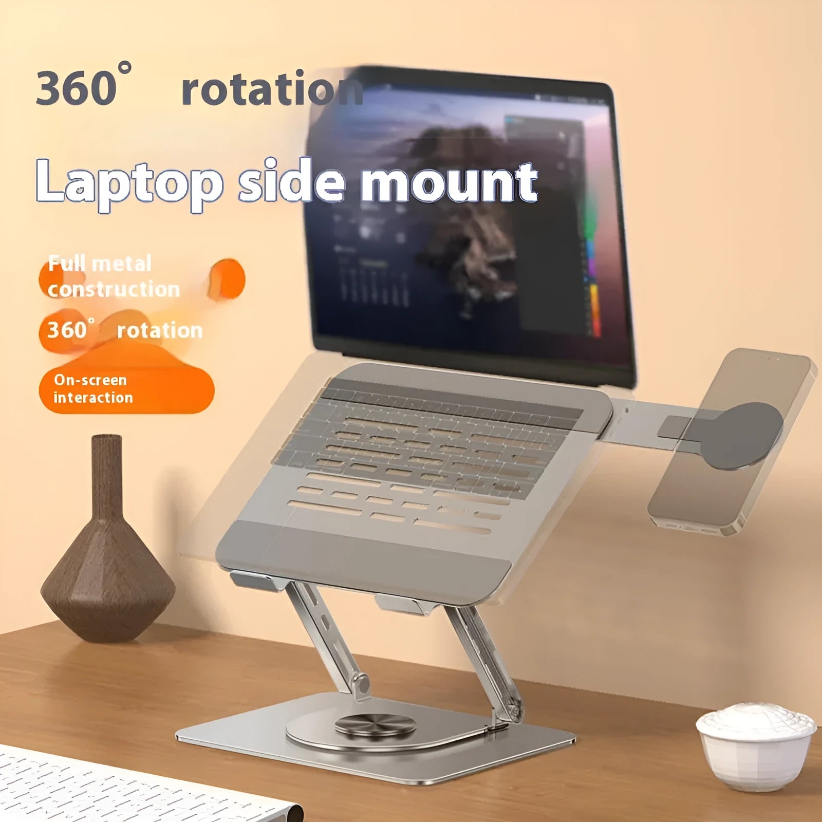 Silver carbon steel laptop stand with a rotating magnetic mobile phone holder attached to the side.