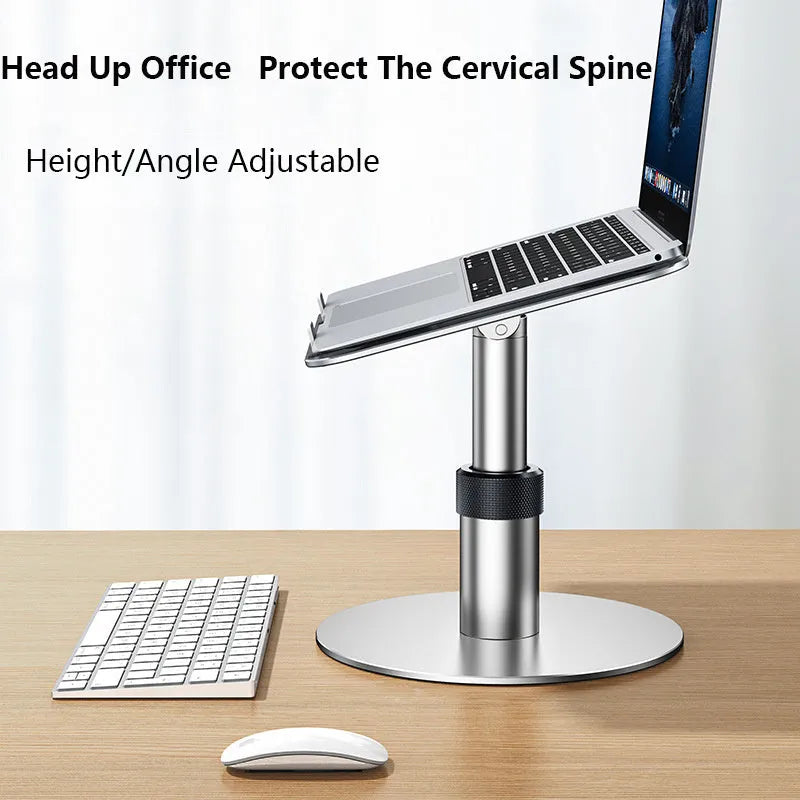 Silver adjustable aluminium car laptop stand with rotating base and non-slip pads.
