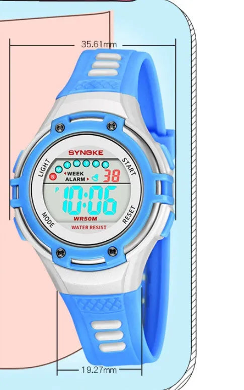 Synoke children's electronic watch in black with luminous display, alarm and 50m water resistance on a child's wrist