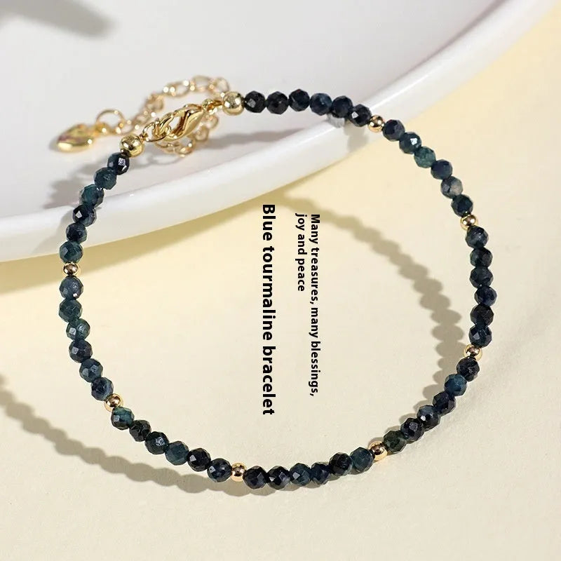 Blue tourmaline 3mm beaded bracelet with spacer beads in women's advanced style