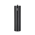 Black aluminium alloy portable power bank with handle, showing compact size next to a mobile phone for scale.