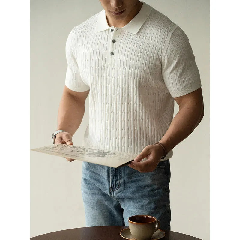 Men's khaki short sleeve casual top for business wear on a grey background