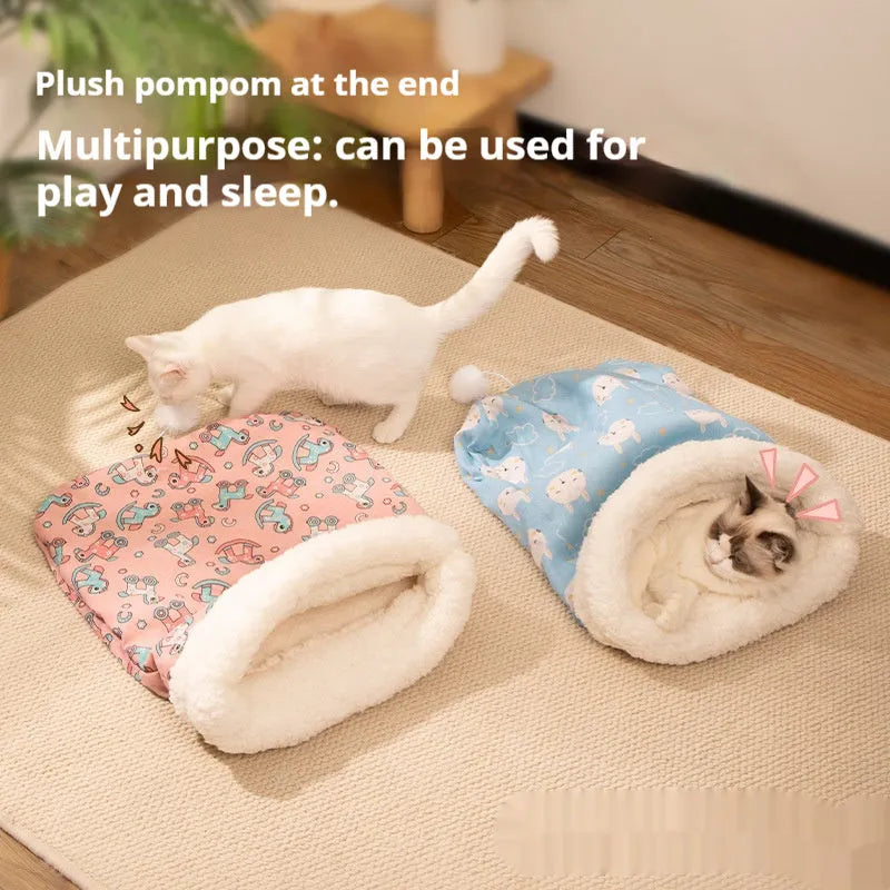 Flannel cat sleeping bag nest with PP cotton filling, shown in pink Trojan design.