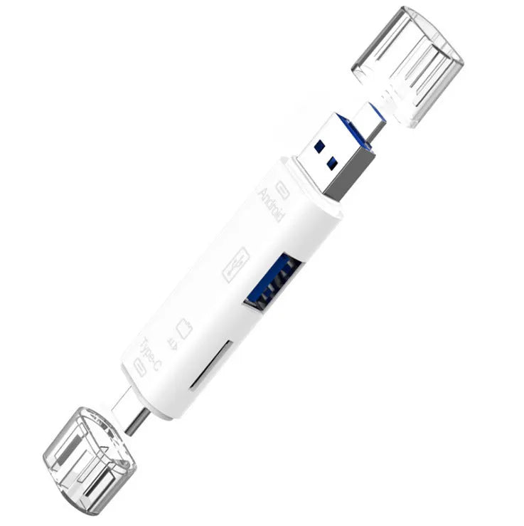 Black and white Type-C Micro USB OTG hub adapter with TF card reader for laptops and phones.