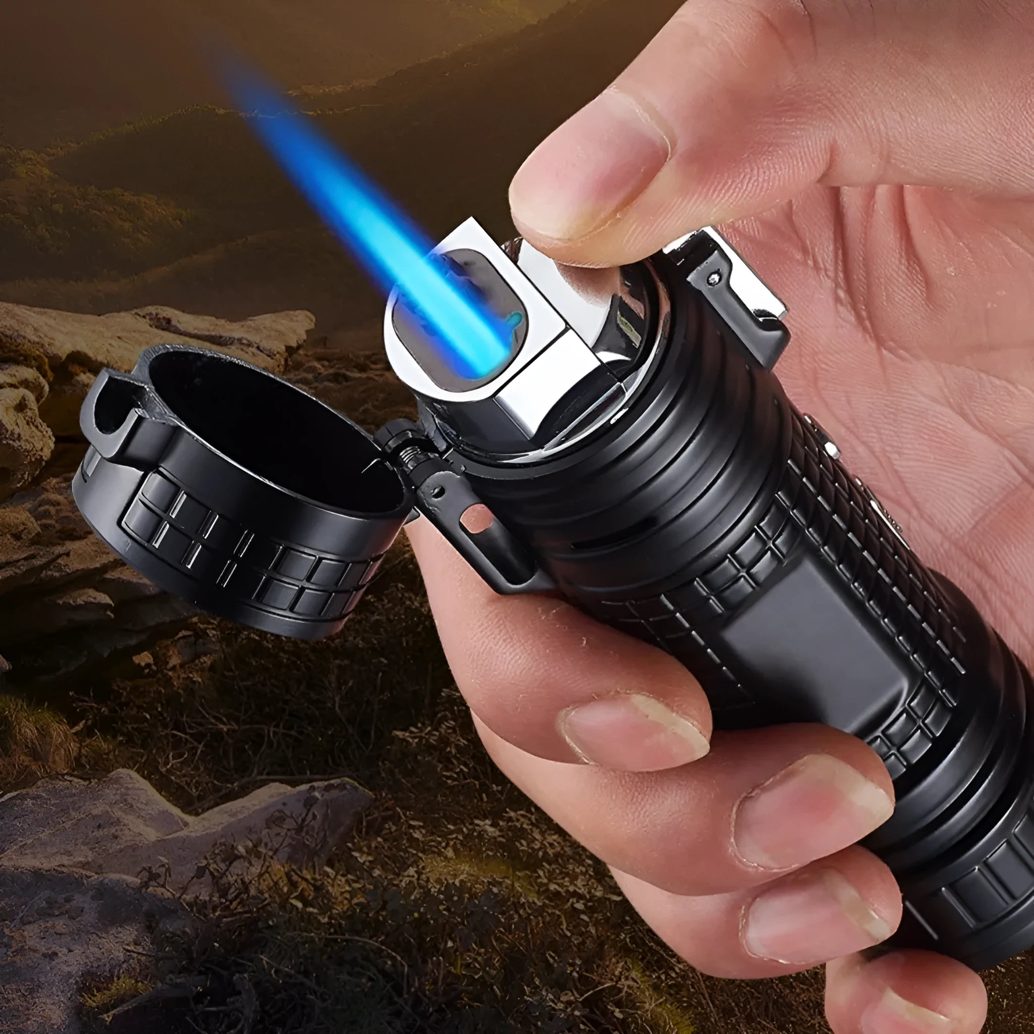 Multi-functional waterproof metal flashlight lighter TH727 in camouflage, red, black, blue, and yellow colours