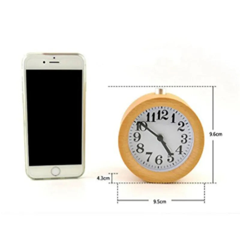 Solid beech wood analogue alarm clock showing silent movement and 9.5cm size.