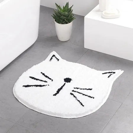 Cartoon bathroom mat with plants and flowers pattern in Grey cute cat colour variant