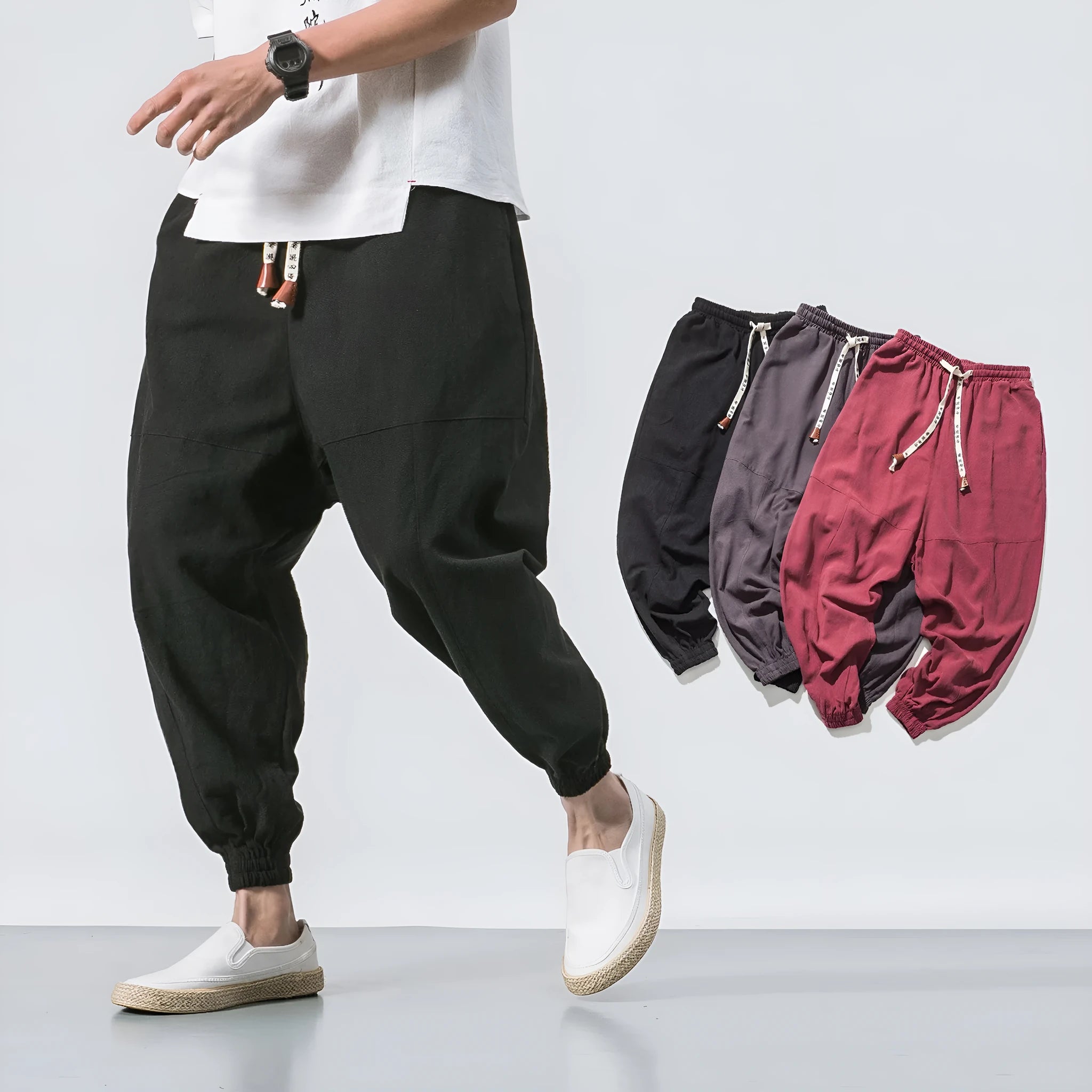 Men's black cotton hip hop streetwear joggers with drawstring waist and slant pockets