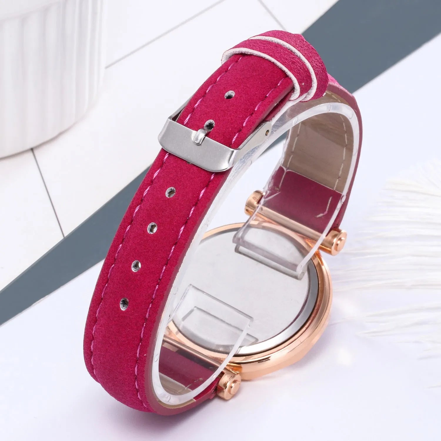 New ladies casual watch with round plastic case, PU strap, and pointer display in multiple colours
