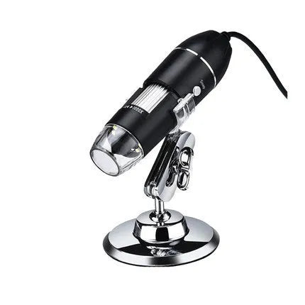 Digital microscope camera with 1000X to 1600X magnification, USB connection, and 640x480 pixel sensor
