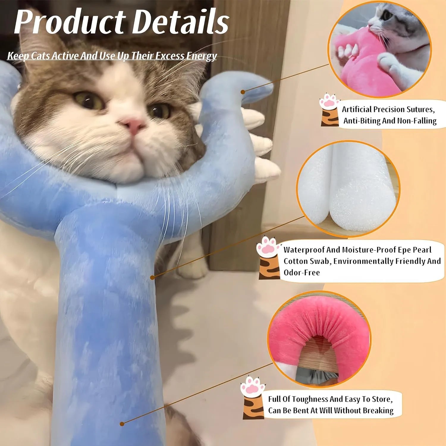 Blue plush cat wand toy extended to 70cm length with soft head for interactive pet play