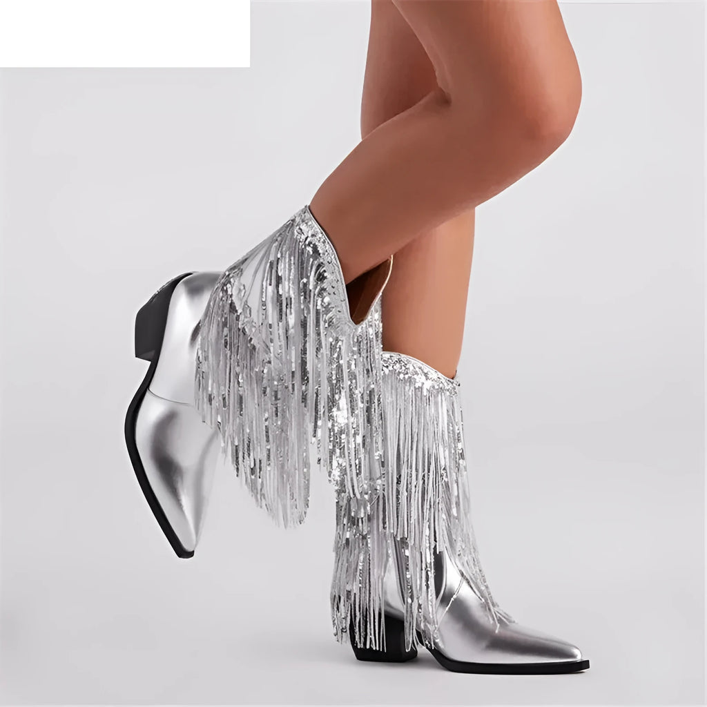 Women's chunky heel tassel boots with over 8cm stiletto heels, PU upper, and mid-calf height