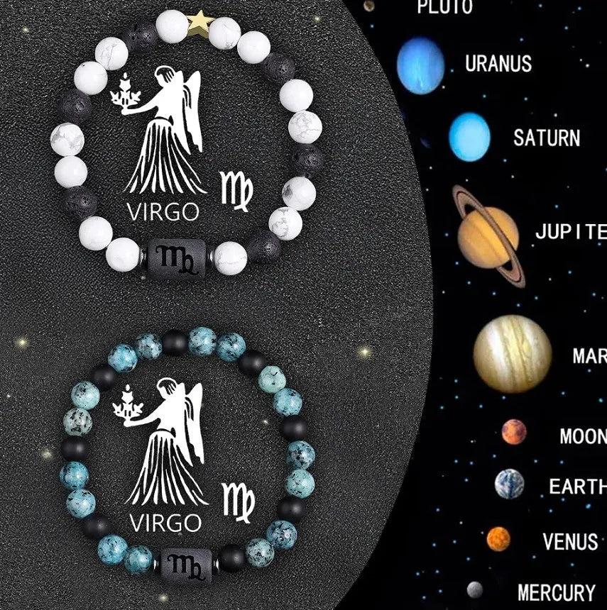 Natural stone beaded zodiac bracelets showing twelve different birth sign designs on elastic cords