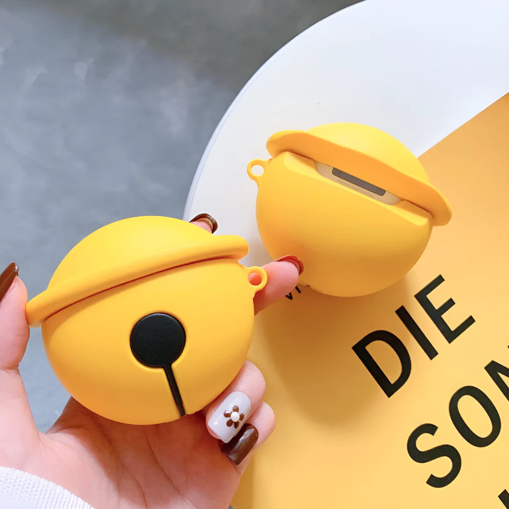 Yellow silicone protective case with small bell charm for Apple AirPods 1 and 2 charging cases