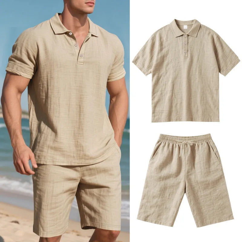 Men's light-coloured linen summer suit with short-sleeved shirt and matching shorts on hanger