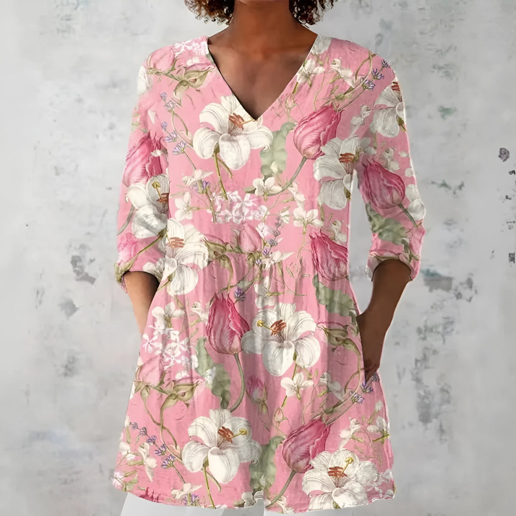 Women's retro slim fit printed long-sleeved top in polyester fabric with digital printing design