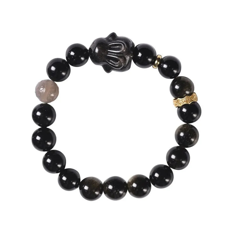 Handmade national style obsidian bracelet with a detailed lying rabbit centrepiece in jin yaoshi and grey agate.