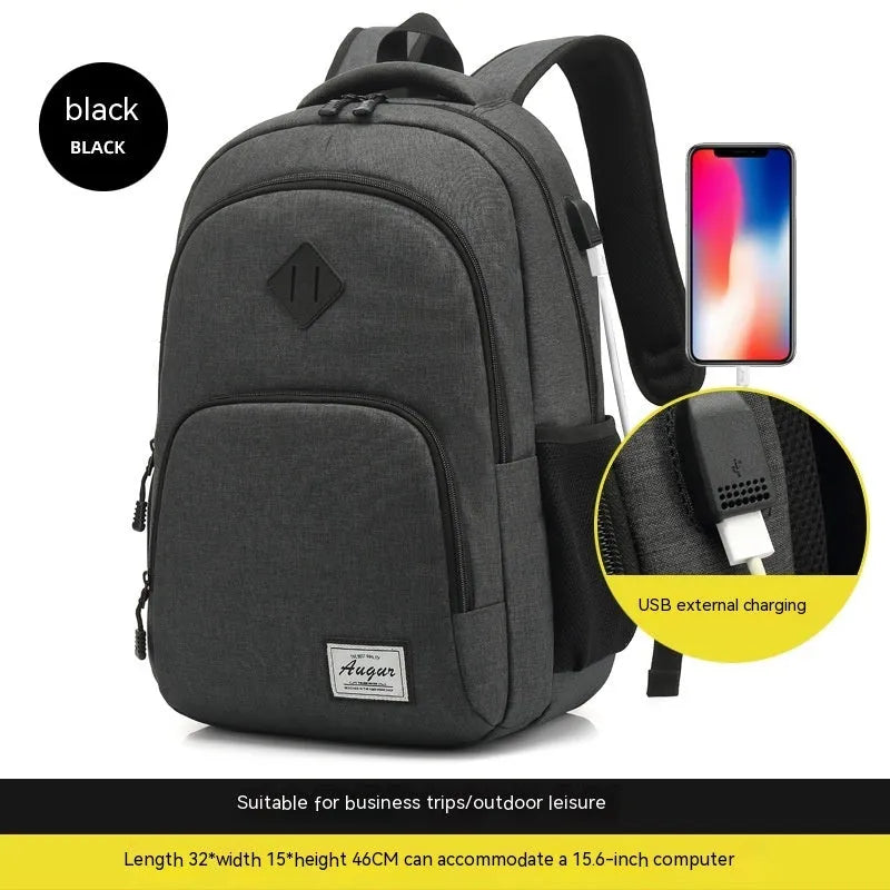 Lightweight grey nylon backpack with USB charging port and trolley case attachment slot.