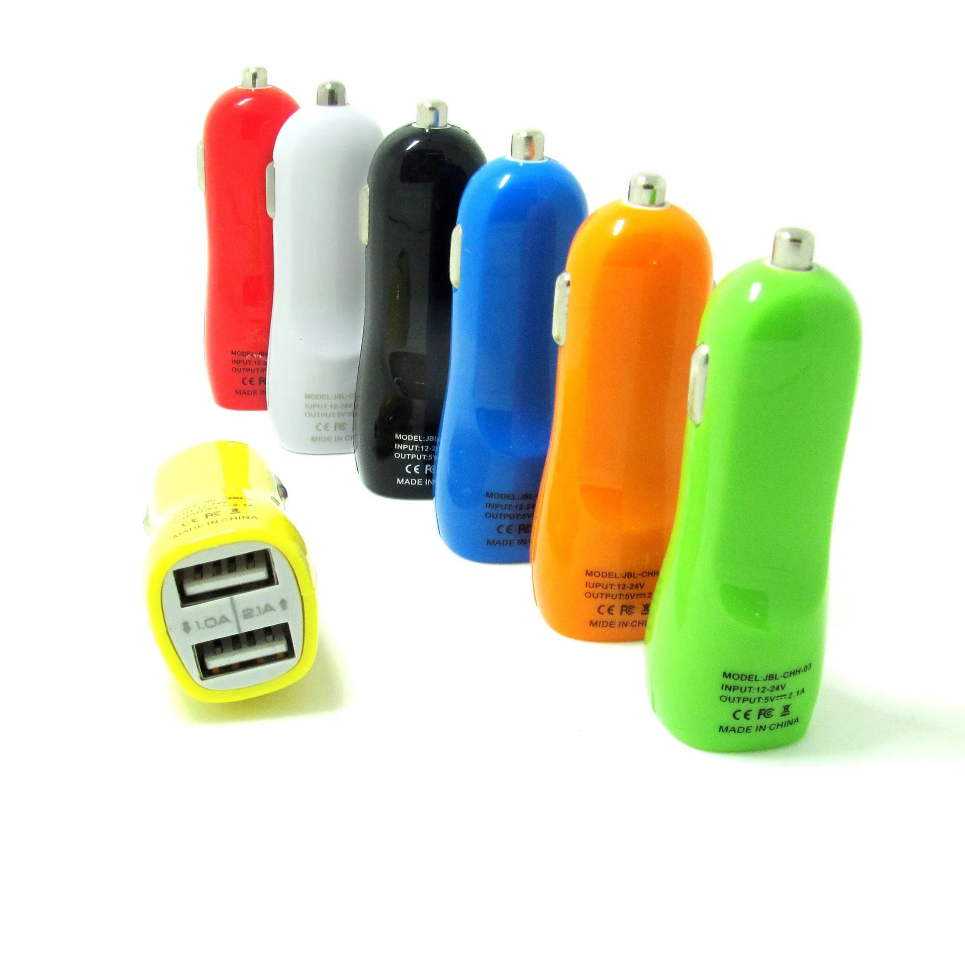 Dual USB car charger with blue LED indicator light and luxury piano paint finish