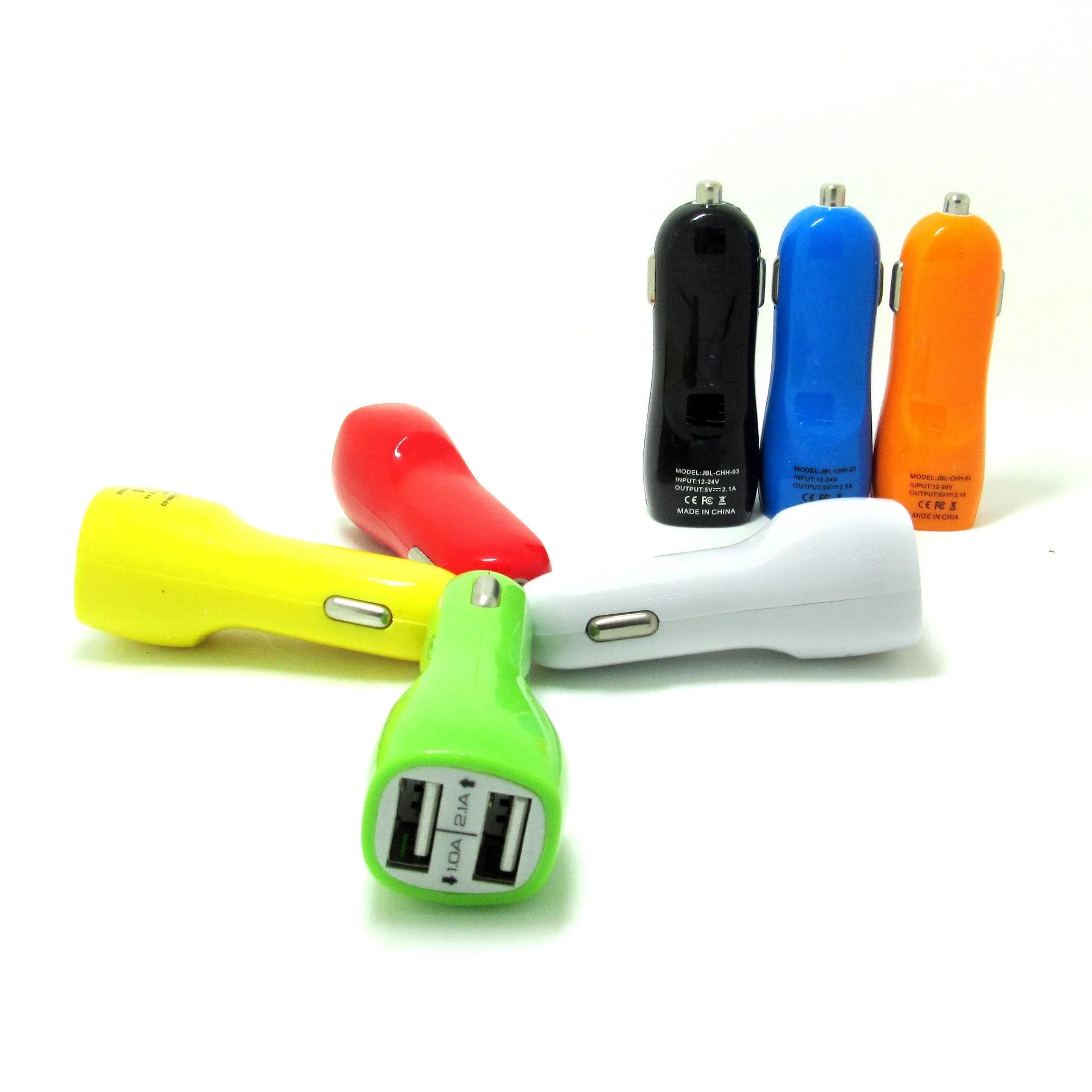 Dual USB car charger with blue LED indicator light and luxury piano paint finish