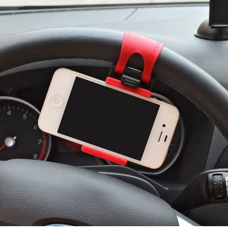 Universal steering wheel phone clip mount holder in black red blue yellow colours