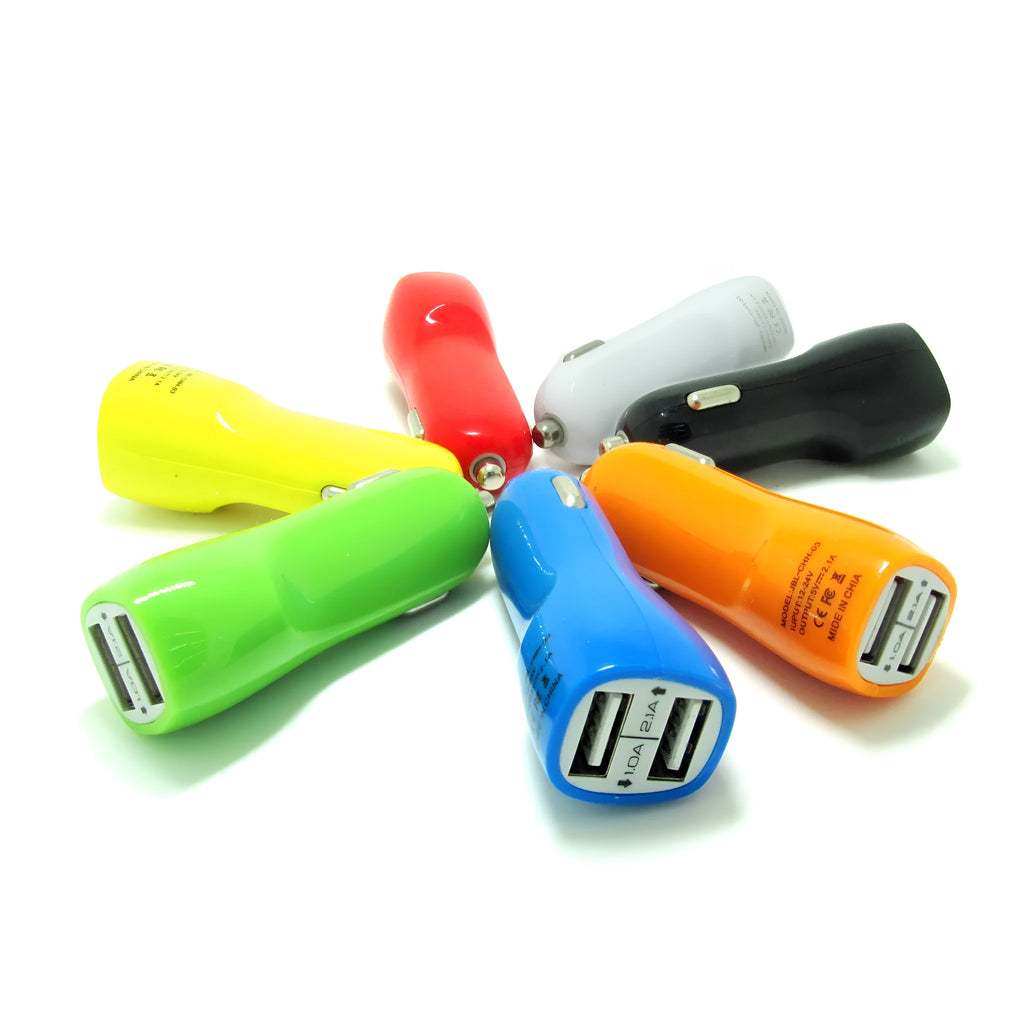 Dual USB car charger with blue LED indicator light and luxury piano paint finish