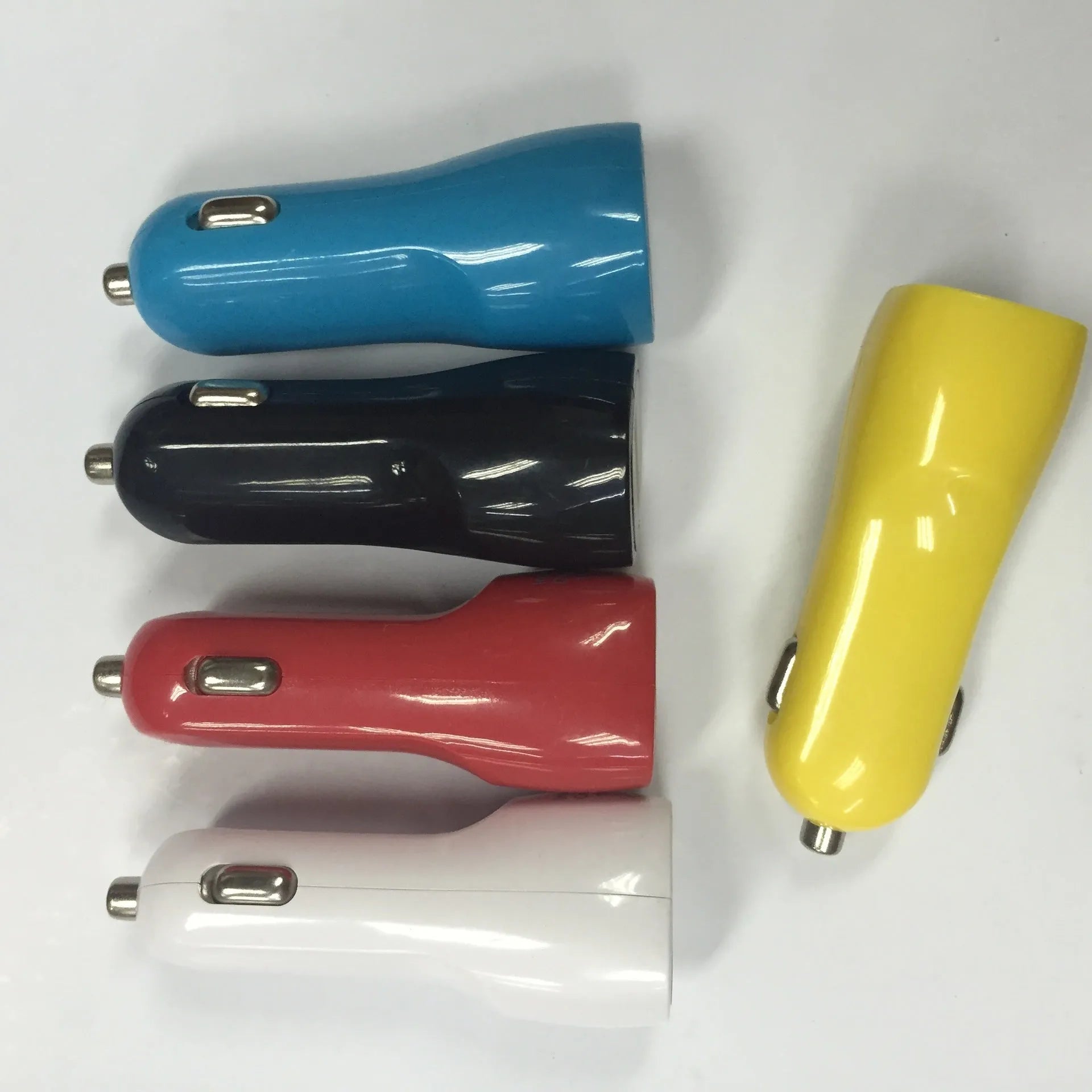 Dual USB car charger with blue LED indicator light and luxury piano paint finish