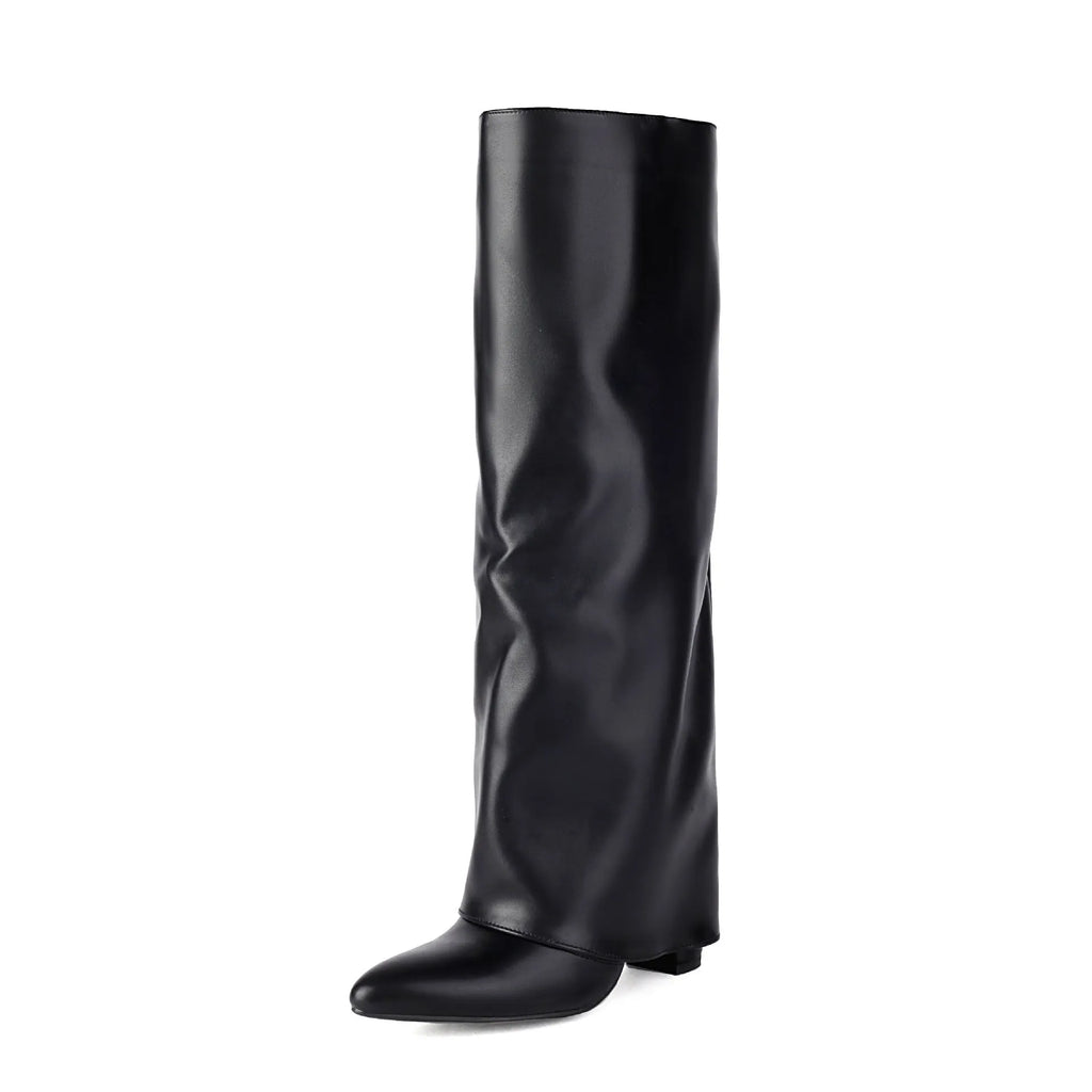 Women's plus size thick high heel boots in black, high cylinder sock length with decorative sewing lines.