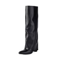 Women's plus size thick high heel boots in black, high cylinder sock length with decorative sewing lines.