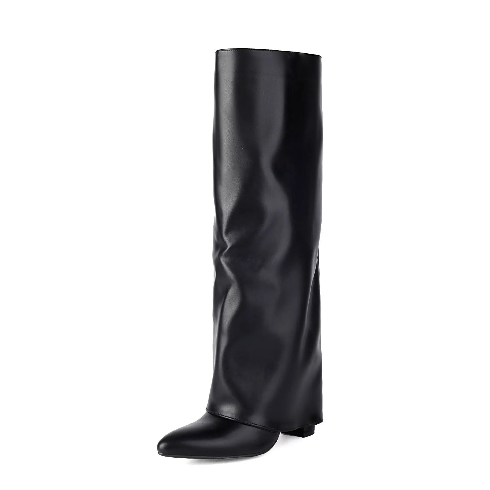 Women's plus size thick high heel boots in black, high cylinder sock length with decorative sewing lines.