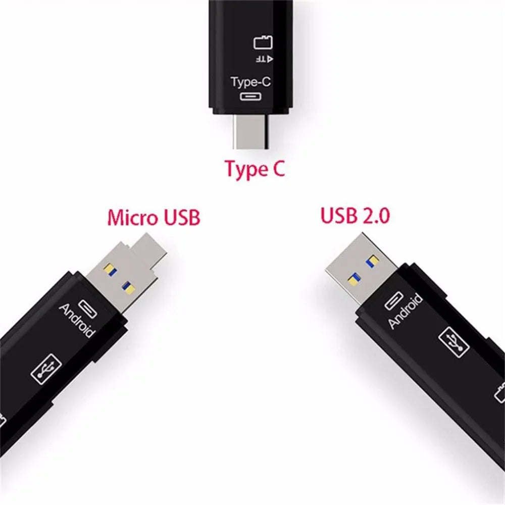 Black and white Type-C Micro USB OTG hub adapter with TF card reader for laptops and phones.