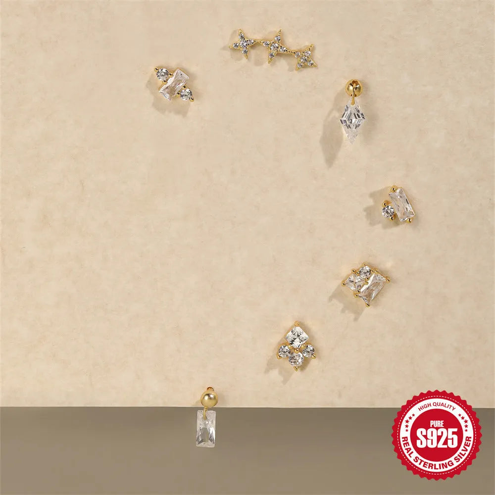 S925 sterling silver red earrings with square gravel studs and golden electroplated finish